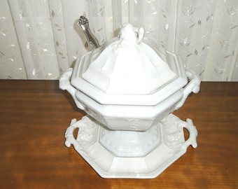 Ironstone Soup Tureen, Red Cliff Grape Pattern - Underplate, Tureen, + Lid. Grape Design and Organic Branch Handles. Tureen holds 12 cups.