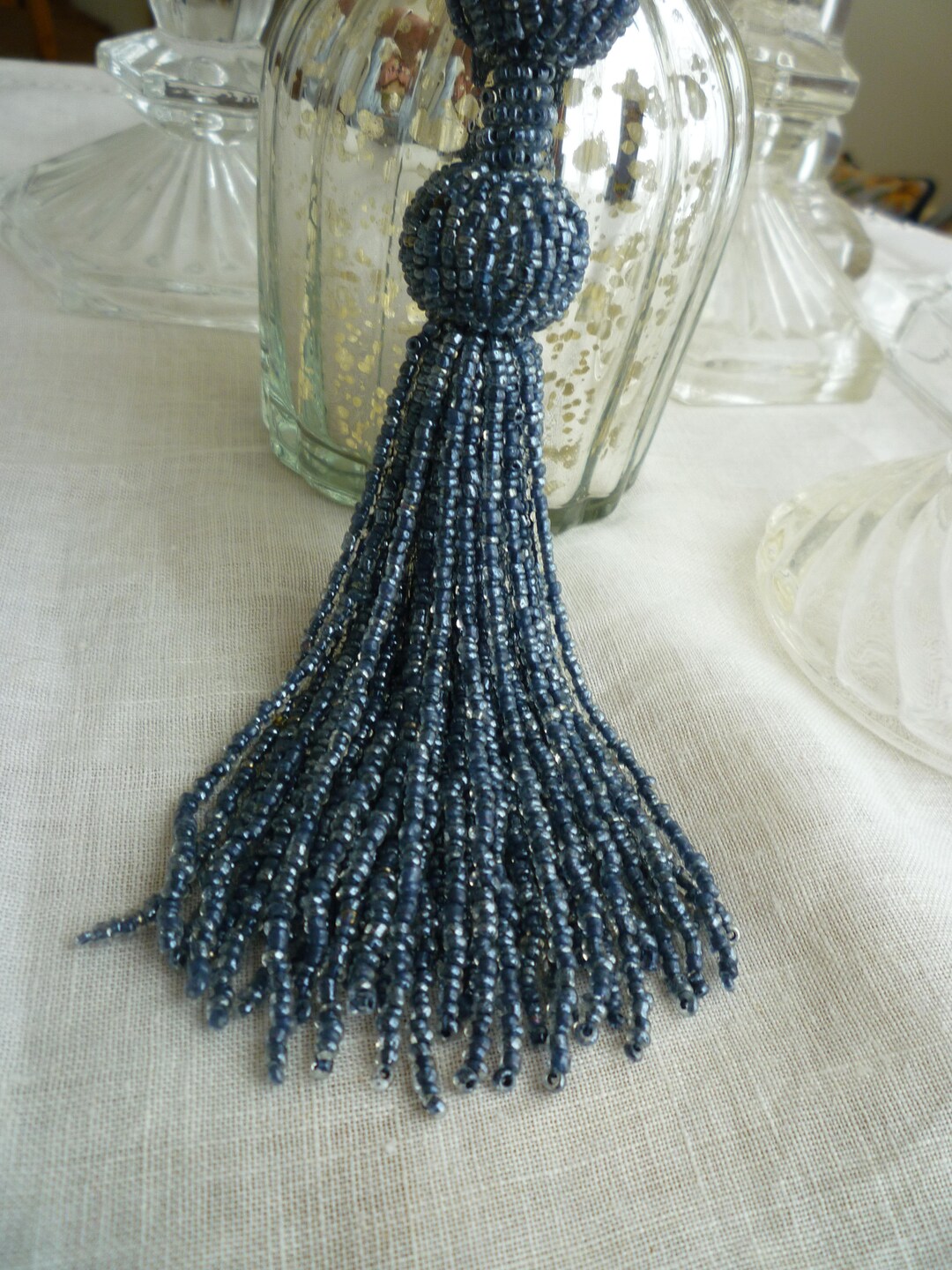 Beaded Tassel 9 Blue Grey Glass Beads Beaded Loop Etsy