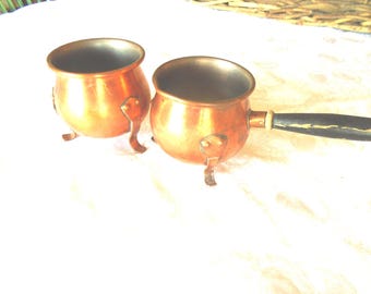 Vintage kleine Kupfer Töpfe Set, Chippy Schwarz Holz Griff
