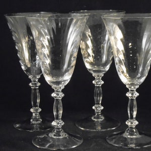 Four Cambridge Caprice Water Goblets, Optic Waterfall Effect. Water/Wine Goblet Crystal Ornate Stem. Brunch, Luncheon Mimosas.