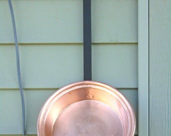 Copper Pan Long Wrought Iron Handle. Flat Bottom Heavy Gauge Copper. Large 9”, 2.25" deep, 12" handle.