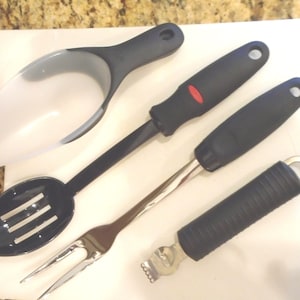 Cooking Utensils /Kitchen Tools. Stainless Steel Meat Fork, Scoop, Slotted Mixing Spoon, Zester/Grater, Bottle Opener. Black Handles