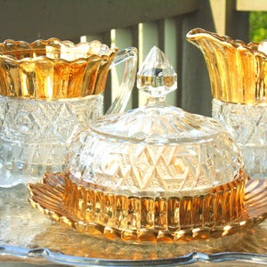 EAPG Dome Cheese Ball Dish, Sugar and Creamer. Clear Glass Gold Details Diamond, Scalloped Panel Border, Elegant Collectible Pressed Glass