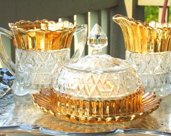 EAPG Dome Cheese Ball Dish, Sugar and Creamer. Clear Glass Gold Details Diamond, Scalloped Panel Border, Elegant Collectible Pressed Glass