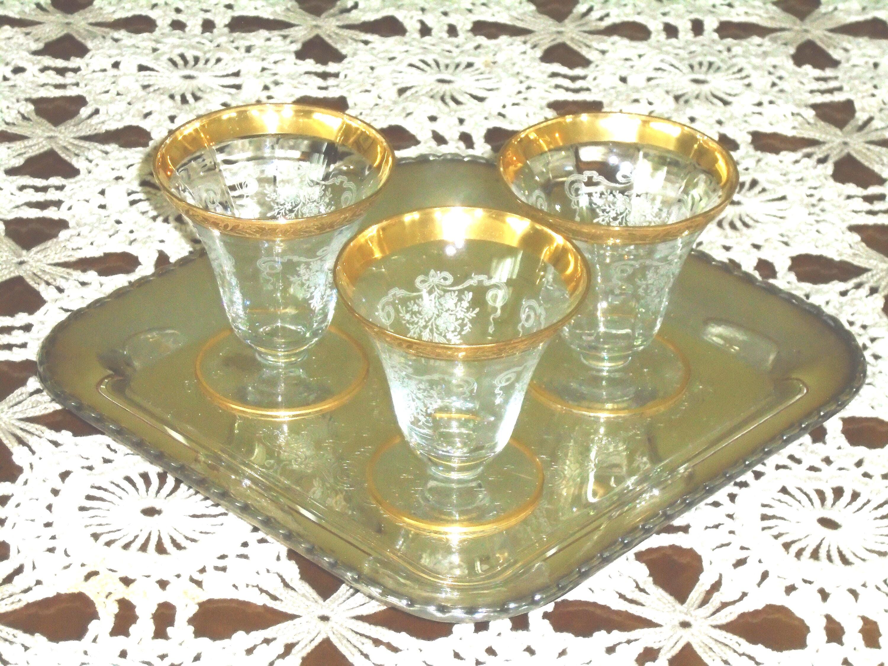 3 Elegant Etched Crystal Footed Gold Oyster/Fruit Cocktail or Aperitif/ Liquor Cordials, Gold Encrusted by TIFFIN-FRANCISCAN, Very RARE