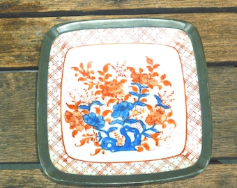 Imari Pewter Encased Porcelain Square Dish. Traditional Imari Pattern~ ACF Japanese Ware, Hong Kong  Orange and Blue Flowers and Stems