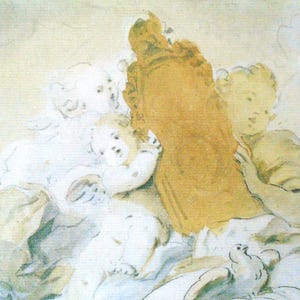 May include: A watercolor painting of three cherubs, two with wings, surrounding a large, golden, rectangular object. The cherubs are painted in shades of white and light brown, while the object is a vibrant yellow.