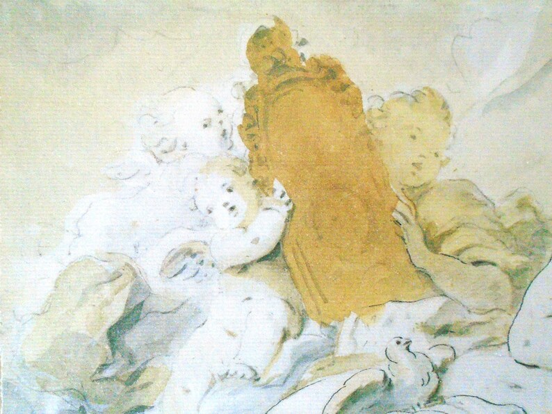 May include: A watercolor painting of three cherubs, two with wings, surrounding a large, golden, rectangular object. The cherubs are painted in shades of white and light brown, while the object is a vibrant yellow.
