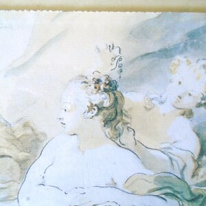 May include: A watercolor painting of three women, two with long flowing hair and one with a flower in her hair. The women are depicted in a soft, ethereal style, with delicate features and flowing lines. The painting is done in shades of blue, gray, and white, creating a sense of tranquility and peace.