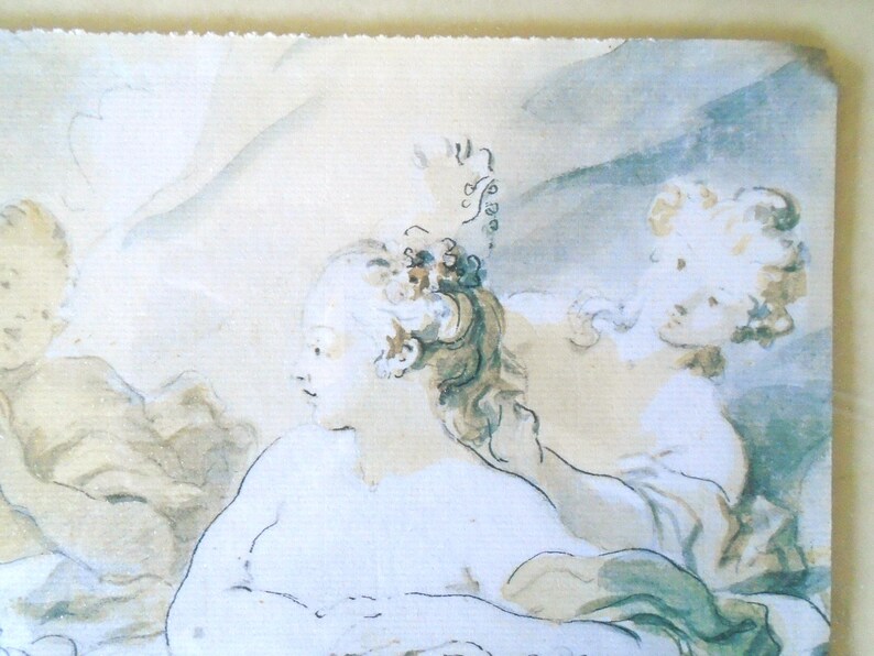 May include: A watercolor painting of three women, two with long flowing hair and one with a flower in her hair. The women are depicted in a soft, ethereal style, with delicate features and flowing lines. The painting is done in shades of blue, gray, and white, creating a sense of tranquility and peace.