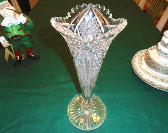 Libbey Signed American Brilliant Pressed Glass 12&quot;H. Trumpet Sawtooth Vase, Antique. Beautiful Sparkle, 5&quot; flared rim, and 5&quot; cut base