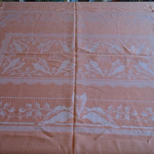 Damask Tablecloth. Silky Apricot Color, Satin Weave Caladium Leaf Center, Border. Hem Stitched. 72 x 54 Damask. Garden Tea Party, Weddings image 4