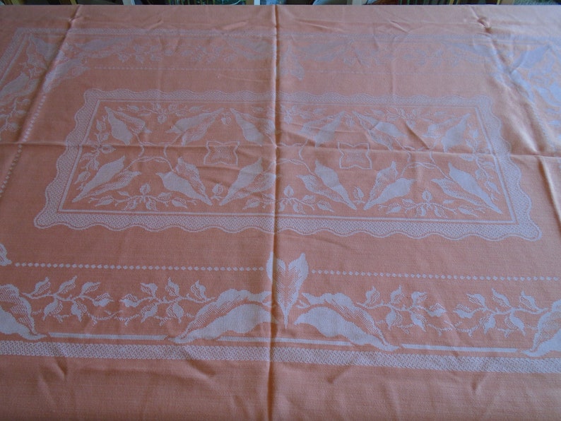 Damask Tablecloth. Silky Apricot Color, Satin Weave Caladium Leaf Center, Border. Hem Stitched. 72 x 54 Damask. Garden Tea Party, Weddings image 4