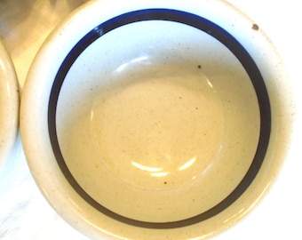 DANSK Coupe Bowl. Blue-grey stoneware, speckles w/ dark blue stripe. W,6.5", H,2.75". Oven safe.