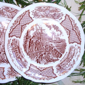 Salad Plates, Fair Winds Brown Transferware by Alfred Meakin, Five (5) Old China Street Canton 1852&quot;, Lovely Brown Transferware