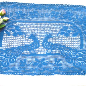 Crocheted Peacock Runner, Handmade Royal Blue, Buffet Scarf, Table Runner or a Wall Hanging. The finished size is 14&quot; x 24.5&quot;.