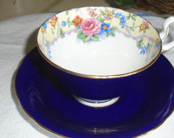 Aynsley Cobalt Blue Cup and Saucer, Pink Peonies, Gold Trim. Vintage