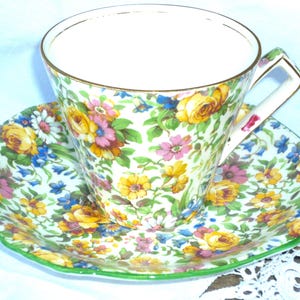 Grimwades Royal Winton. Delightful,'Bedale' Chintz Tea Cup and Saucer c1930s ~ Beautiful Yellow, Pink, Green. Bone China ~ Made in England