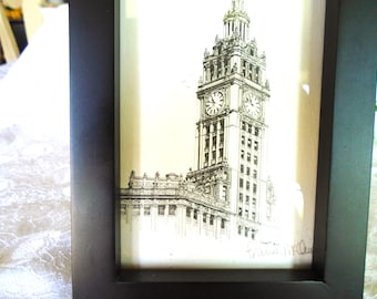 Chicago Wrigley Building Tower Pen & Ink Drawing. By Frances McClaugh, Signed Print. 5"x7" Black Frame