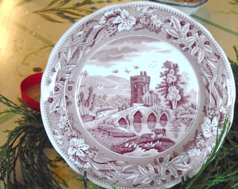 Cranberry  Spode Lucano, Spode Archive Collection Dinner Plate, 10.25" Dia. Introduced in 1819-Underglazed Print Hand engraved Copper Plate.