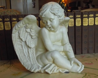 Praying Cherub, Garden Statue Baby Angel, Ivory Tone Garden or shelf Angel.  9.75"h. x 10.5"w. wingspan. Copyright, CHRISDON.