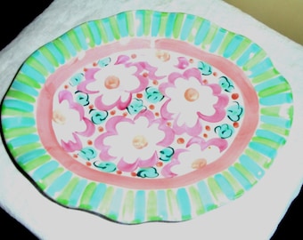 Ruffled Rim Platter Multicolored Glazed Ceramic. Hand Painted Two-Tone Aqua and Green Striped Ruffled Border, Pink Flower Center. 11"x8.75"
