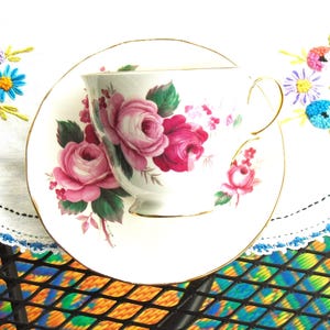 Beautiful Queen Anne Teacup and Saucer. Romantic Pink and Red Rose Florals, Gold trim. Fine Bone China by Ridgway Potteries, LTD England