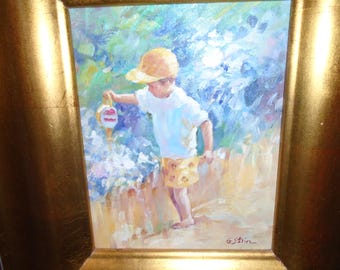 Boy Watering Flowers, Original Oil on stretch canvas "Garden Helper". Delightful young boy in yellow baseball cap, shorts, helping. G. Stein