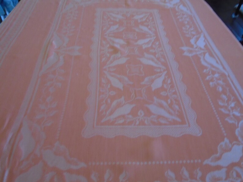 Damask Tablecloth. Silky Apricot Color, Satin Weave Caladium Leaf Center, Border. Hem Stitched. 72 x 54 Damask. Garden Tea Party, Weddings image 3