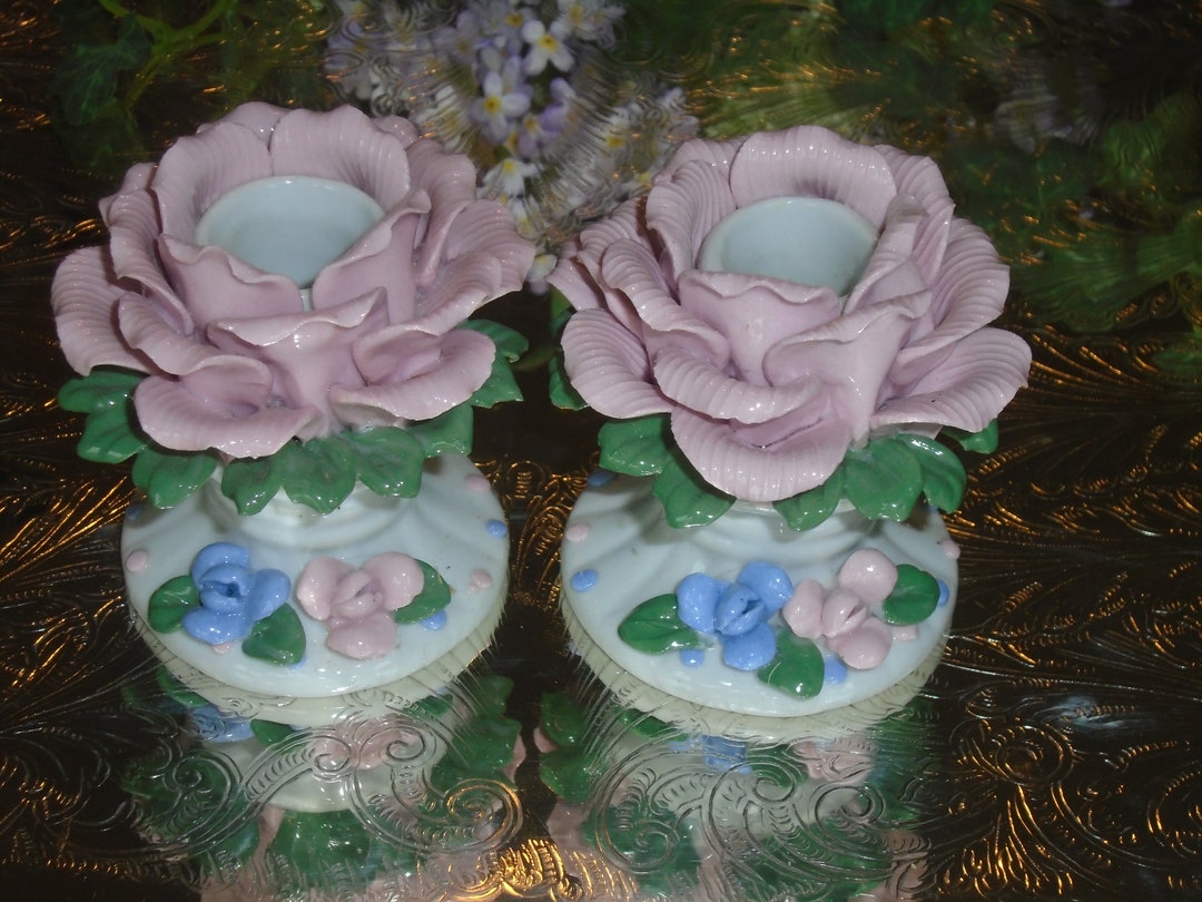 2 Pink Flower Petal Candle Holders, Glossy Ceramic Pink Flower Petal