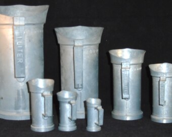 Seven Antique French Pewter Measuring Cups, Liter Measuring Tankards. Liters, Deciliter, Centiliters, Set Of 7, Seven Tankards