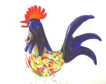 Art Glass Rooster, Stands 10.25" high, about 8" wide. Clear Glass Pedestal. Excellent condition. Original Box, made for Country Kitchen.