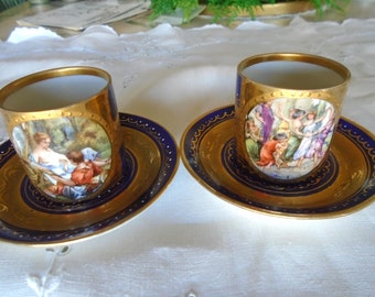 Royal Vienna Demitasse Sets, Cobalt Gold Hand Painted 2 Sets Antique, Dresden Porcelain Demitasse Cup & Saucers, 2 Different Portraits.