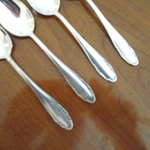 May include: A set of four silver-colored metal spoons arranged diagonally. Each spoon features a smooth, oval-shaped bowl and a slender handle that widens toward the end, decorated with a subtle, embossed scalloped edge pattern along the border.