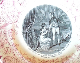 French Napoleon Plates, Eight (8) Red and Black Transferware. Sarreguemines, French Talking Plates, Ironstone, Antique