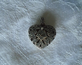 Sterling Silver Marcasite Ornate Heart Locket.  925 Sterling, Puffy Filigree Heart Only.  Almost 1" across when closed.