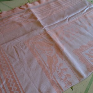 Damask Tablecloth. Silky Apricot Color, Satin Weave Caladium Leaf Center, Border. Hem Stitched. 72 x 54 Damask. Garden Tea Party, Weddings image 8