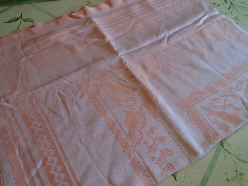 Damask Tablecloth. Silky Apricot Color, Satin Weave Caladium Leaf Center, Border. Hem Stitched. 72 x 54 Damask. Garden Tea Party, Weddings image 8