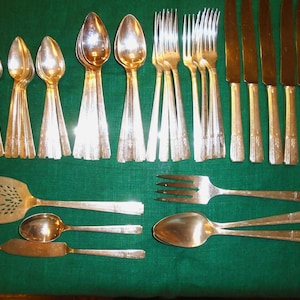 Może przedstawiać: Kolekcja srebrnych sztućców, w tym łyżki, widelce i noże, ułożonych na zielonej powierzchni. Widoczna jest również łyżka do serwowania z otworami, nóż do masła i dwie inne łyżki. Sztućce mają ozdobny wzór na uchwytach.