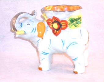 Elephant Planter, Lt Blue Elephant, Orange Flower, Yellow Flowers. Silver on Trunk, Tail and Edge. Red Cherry Blossom Mark Hand Paint, Japan