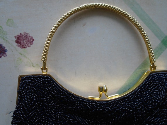 Black Beaded Handbag, Evening Purse, Gold Metal H… - image 6