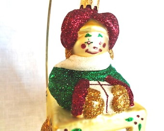 Jack in the Box, Mattarusky Ornament Blown Glass. Delightful Happy Jester holding gift, Red Cap w/ Gold Bells. Artist Signed