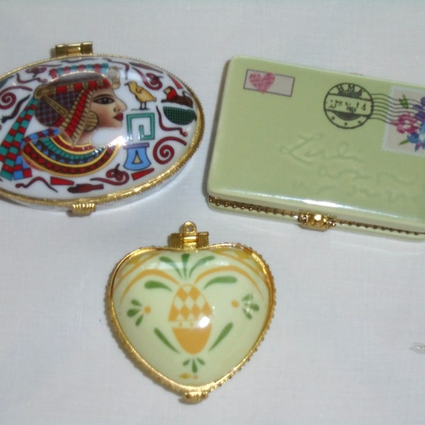 Trinket Box, Snuff/ Pill box. Porcelain Heart Trinket Box (A Joyful Heart), Oval Queen Cleopatra Box, Rectangular Hallmark Envelope box.
