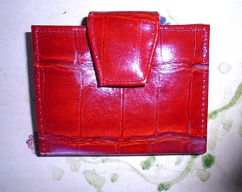 Red Leather Keychain Card Holder, ID, Credit Card & Business Card Holder in Embossed Faux Croc.