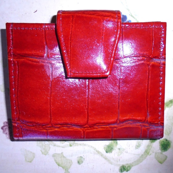 Red Leather Keychain Card Holder, ID, Credit Card & Business Card Holder in Embossed Faux Croc.