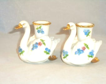 Swan Candle Holders, German Porcelain Gorgeous Antique Pair German Porcelain Forget Me Not Flowers, Von Schierholz. 3" x 3.5" x 3".