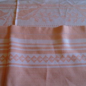 Damask Tablecloth. Silky Apricot Color, Satin Weave Caladium Leaf Center, Border. Hem Stitched. 72 x 54 Damask. Garden Tea Party, Weddings image 6