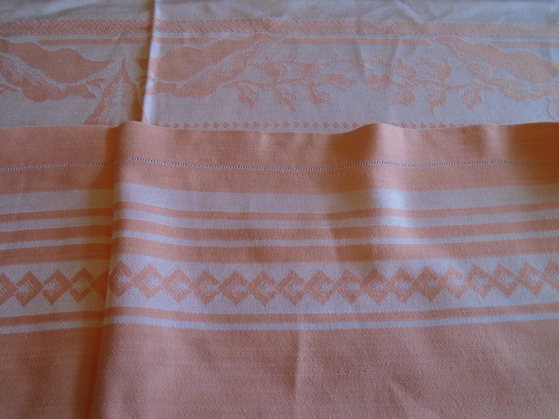 Damask Tablecloth. Silky Apricot Color, Satin Weave Caladium Leaf Center, Border. Hem Stitched. 72 x 54 Damask. Garden Tea Party, Weddings image 6