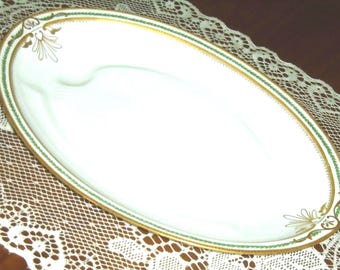 Bandeja antigua Haviland Limoges, borde dorado, gran hoja de laurel, Francia. 21,5".