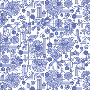 May include: A seamless pattern featuring a repeating design of blue spiderwebs, spiders, and other geometric shapes on a white background.